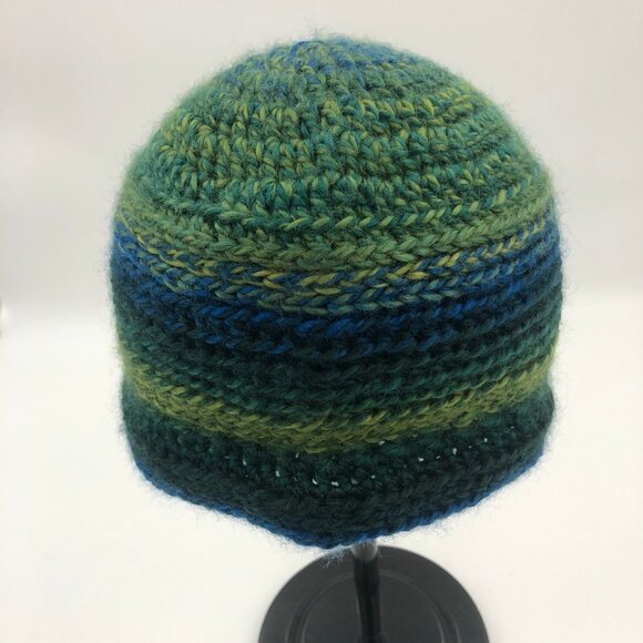 Hand-Knit Wool Beanie – Green & Blue Artisan Striped Winter Hat - Picture 5 of 5